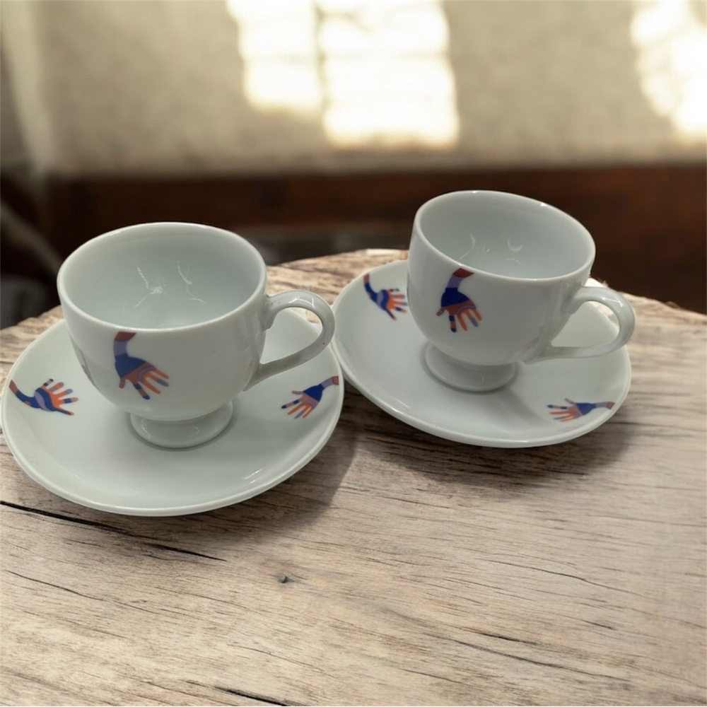 Mikasa 2 sets of expresso cups & saucer colorful hands porcelain halloween 4pcs